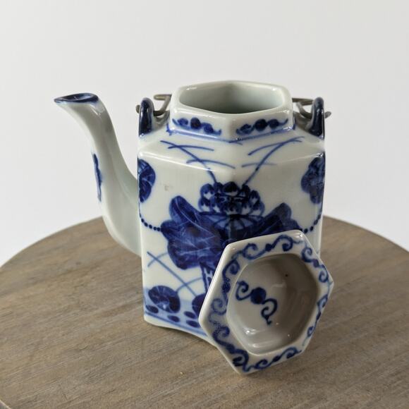 Miniature Chinese Tea Pot Vintage Soy Sauce Vinegar Container Chinoiserie Cobalt - Picture 6 of 10